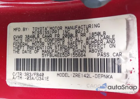 2013 Toyota Corolla Le from USA, damaged, VIN 5YFBU4EE5DP155664